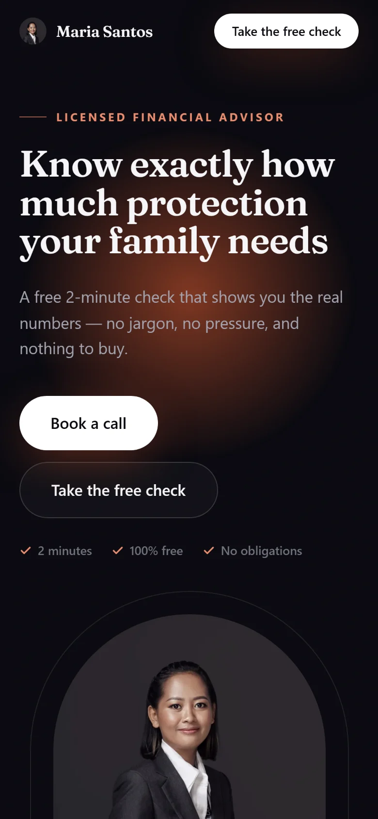 A one-page advisor site on a phone: who she helps, the free check, and the booking button above the fold
